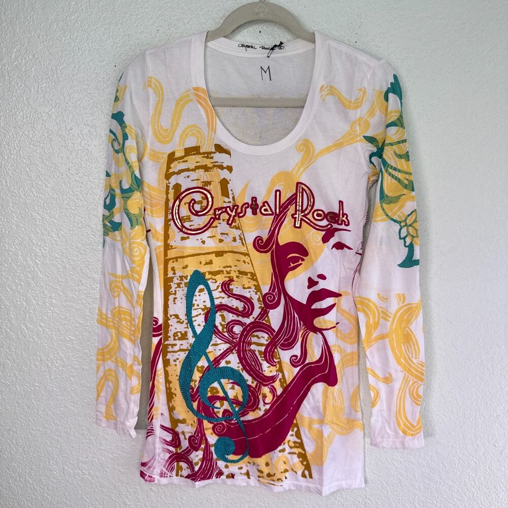 Christian Audigier Y2K Shirt Womens Medium Crystal Rock Music Note Woman Graphic